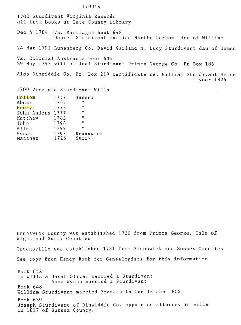 1700's Sturdivant Virginia records